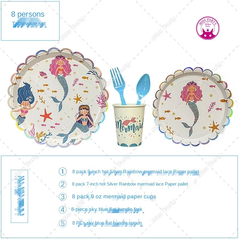 

Silver Ironed Mermaid Disposable Paper Plate Cutlery Set for Family Party and Picnic Birthday Party Decorations Kids