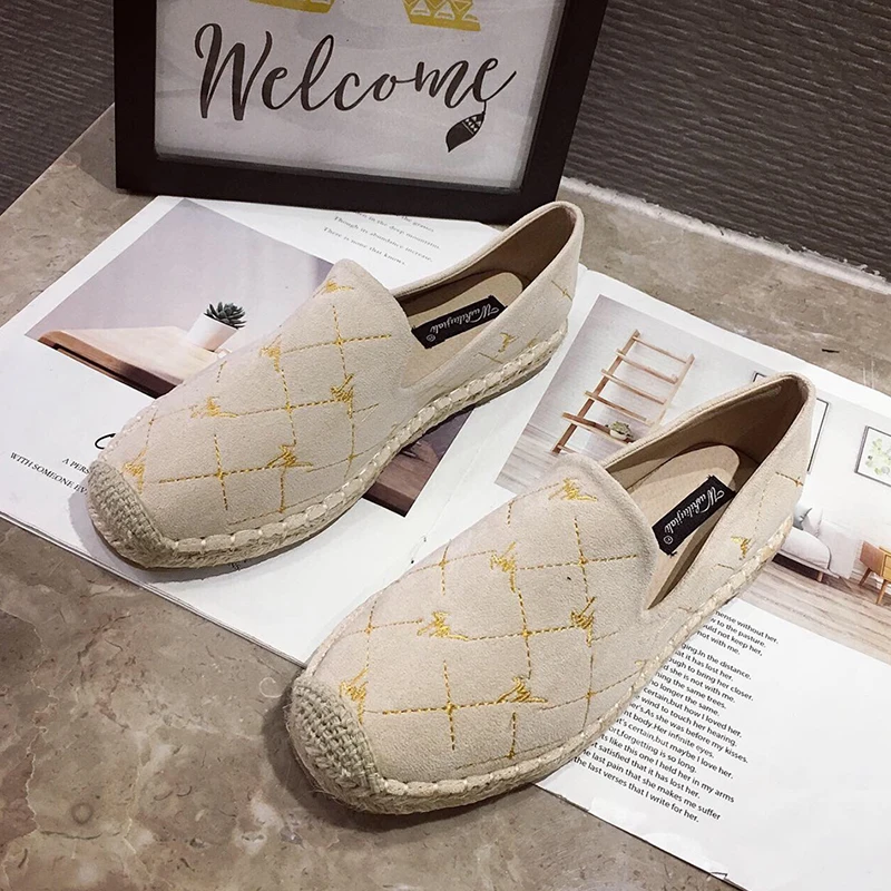 115Beige Fashion Hemp Loafers Women Espadrilles Flats Shoes Sewing Rhinestone Round Toe Ladies Casual Moccasins Slip On Brand Style New - Цвет: 115Beige