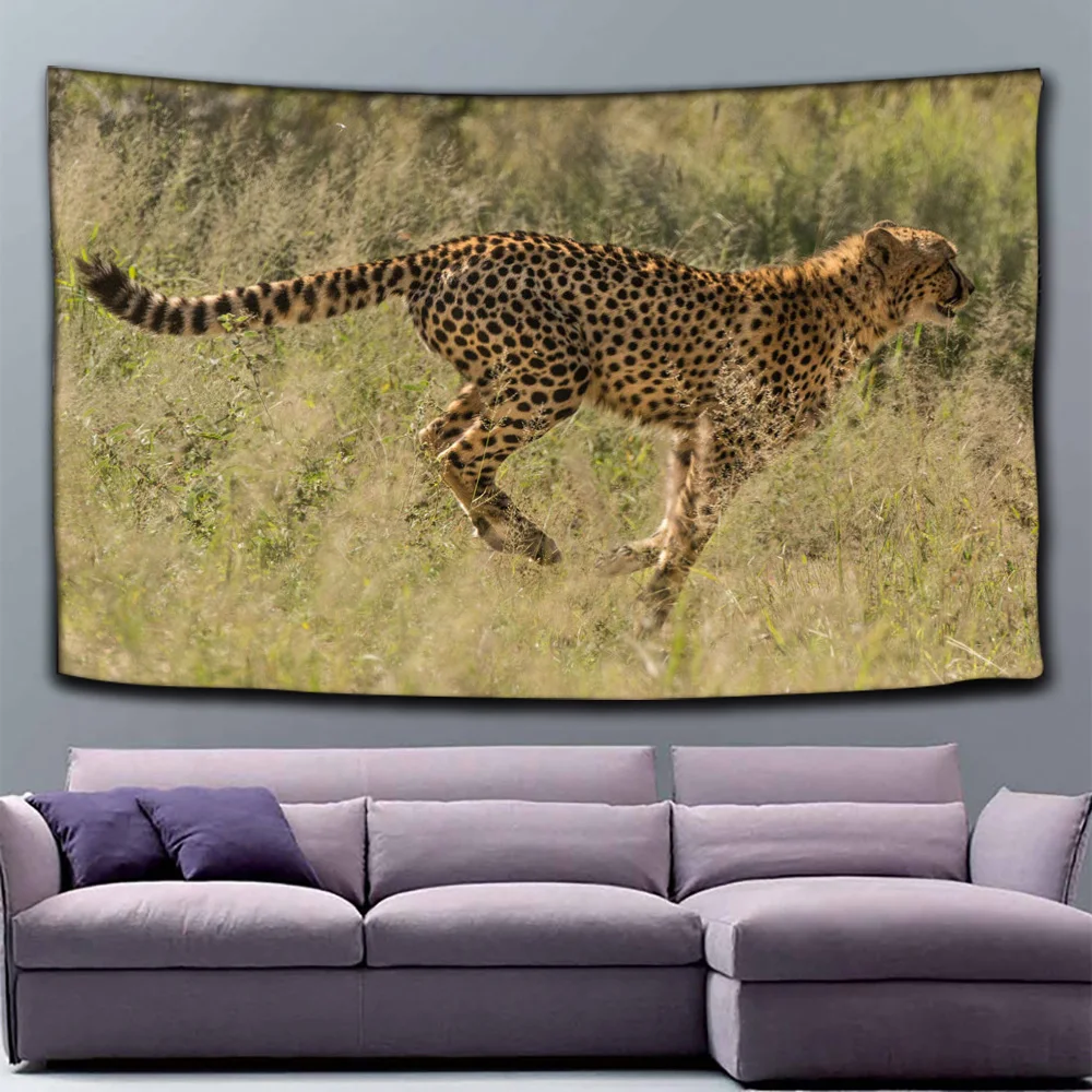 

Tapestry Flowers Cheetah Head in Geometric Shapes Colorful Floral Art Pink Green Black