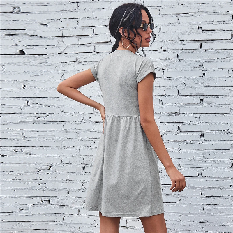 

New Arrival Women Knitting Dress 2021 Summer Casual OL V-neck Button Empire Mini Dresses
