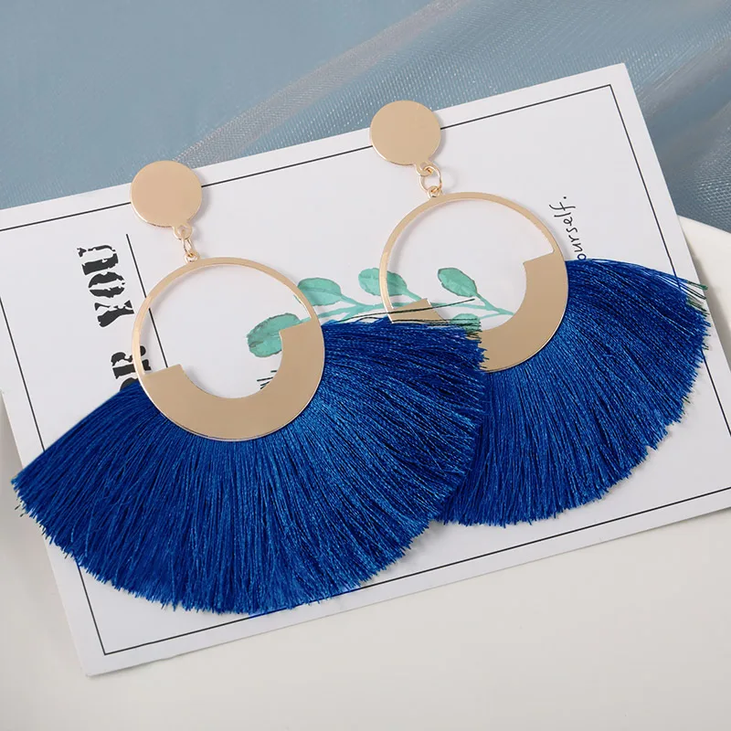 Blue Новые модные богемные серьги с кисточками для женщин из хлопка и шелка, длинные висячие серьги с бахромой, вечерние женские ювелирные изделия - Окраска металла: Blue