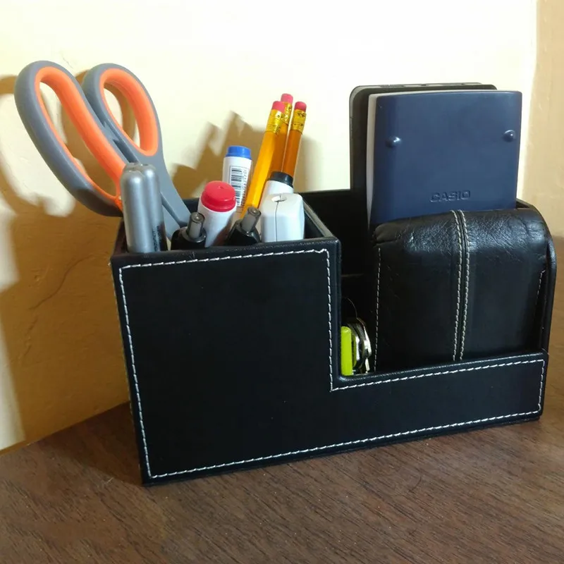 

PU Leather Desk Stationery Box Organizer, Office Desktop Organizer with 3 Divided Storage Compartments for Storing Pen/ Remote C