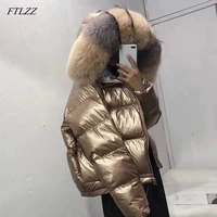 ftlzz women double sided silver golden duck down coat winter large fur collar waterproof jacket hooded snow outerwear