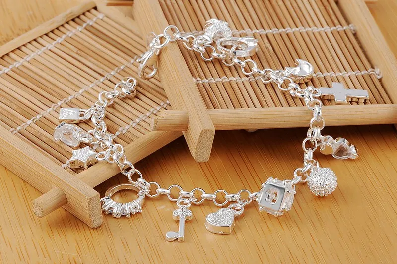

2020 925 Sterling Silver 13 Charms Cross Lock Key Heart Star Moon Flower Zircon Bracelet Bangle Women's Fine Jewelry Accessories