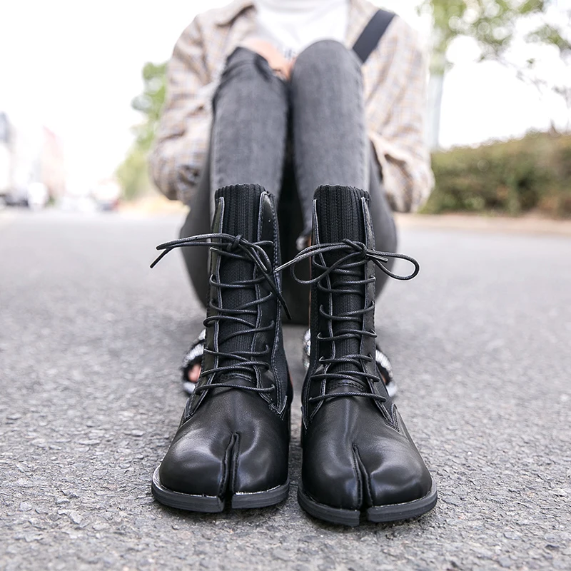 Ботинки мартинсы из искусственной кожи и вязания в стиле таби ниндзя черные