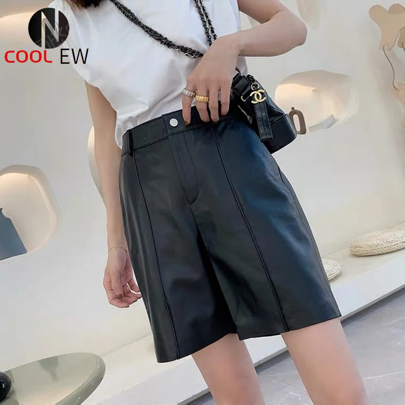 

Women's pants 2021 new fashion spring and autumn high waist genuine leather pants short style trouser suits knee length
