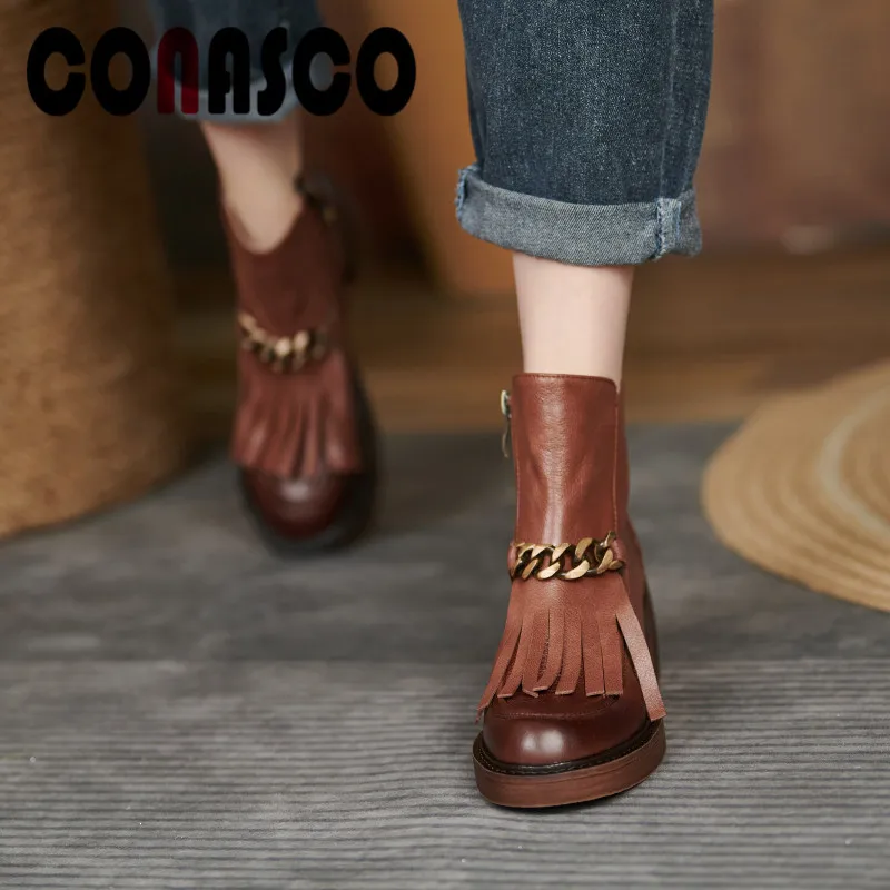 

CONASCO 2021 Women Ankle Boots Autumn Winter Warm Genuine Leather Casual Shoes Metal Decoration Fringe Zipper Woman Boots