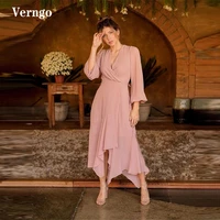 verngo dusty pink chiffon evening dress long sleeves v neck asymmetic prom gowns modest tea length mother formal party dress