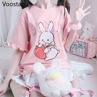 summer japanese women cute lolita pink t shirts kawaii strawberry bunny graphic ruffles short sleeve tops girl rabbit tee tshirt