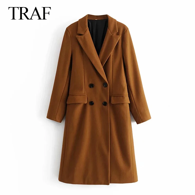 

TRAF ZA Women's Woolen Coat 2021 Long Outerwear New Autumn Winter Wear Overcoat Female Ladies High Street Loose Chic Coats Mujer