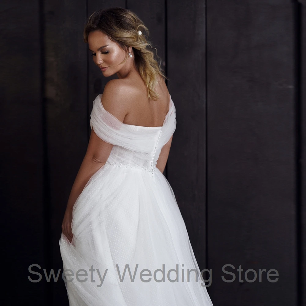 

Charming Tulle A Line Wedding Dress Robe De Mariee Off The Shoulder V Neck Pleats Sweep Train Bridal Gowns Marriage Dresses