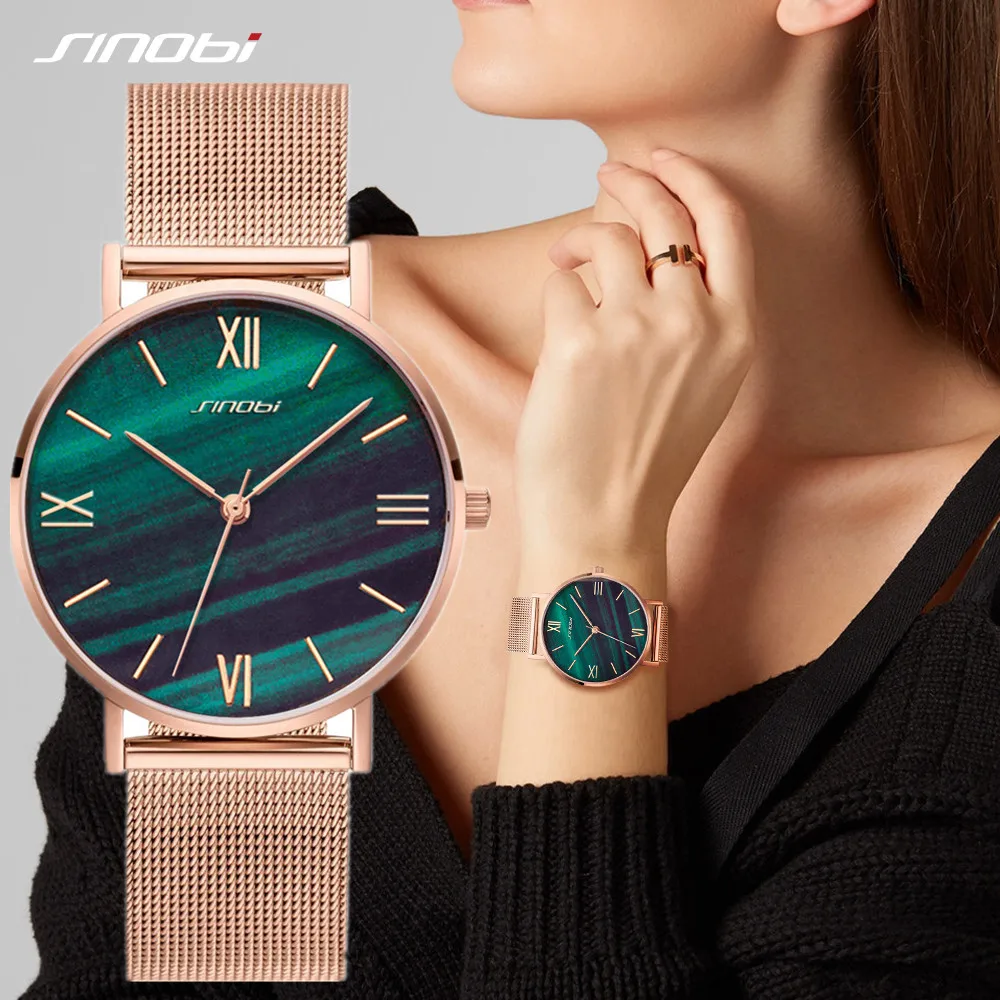 

SINOBI Classic Green Calendar Dial Simple Women's Wrist Watches Crystal Quartz Clock Luxury Brand Ladies Wristwatch reloj mujer