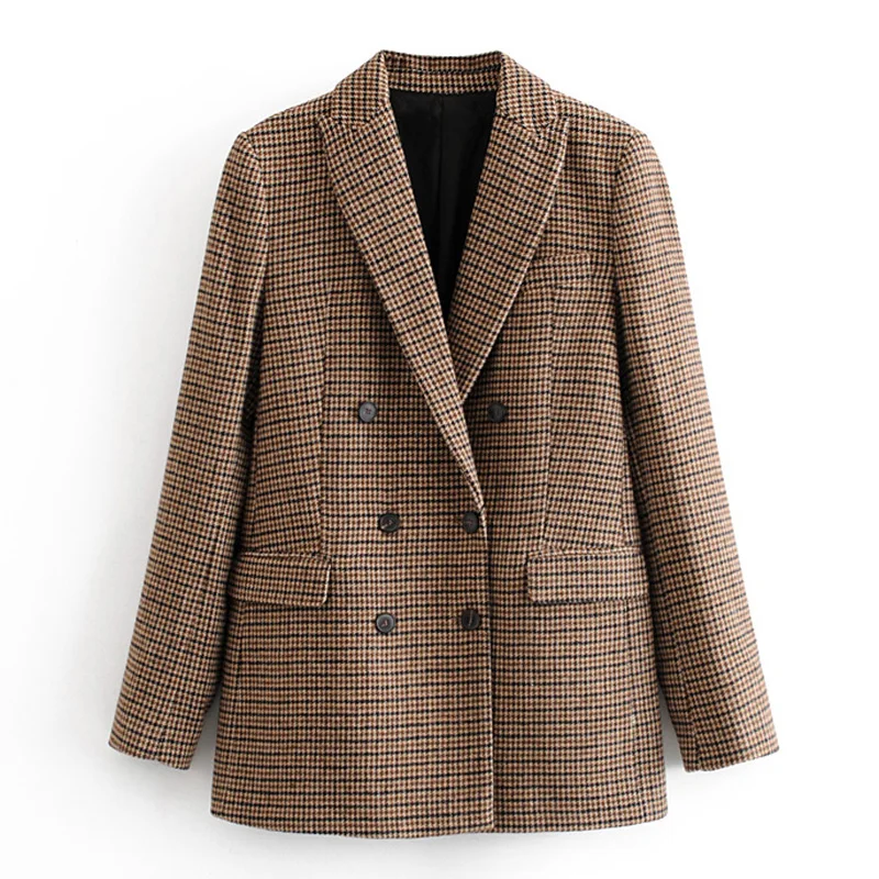 Женский двубортный пиджак AGong клетчатый с длинным рукавом и принтом Повседневный