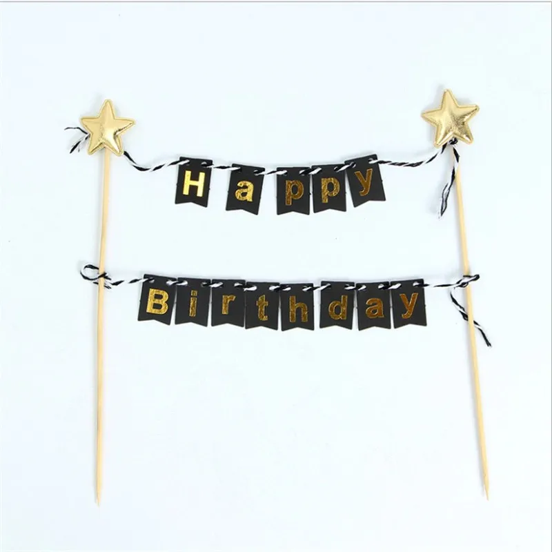 black 1pcs Cakelove Розовый Синий Черный С Днем Рождения Торт баннер флаги блестящие звезды Топпер для торта «С Днем Рождения» торт украшения - Цвет: black 1pcs