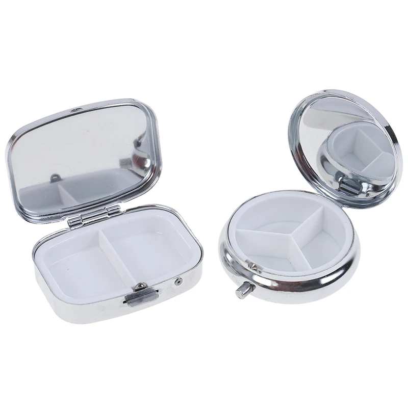 Tablet Pill Box Container Medicine Case Metal Holder 1Pc Small Round Rectangular Cases Splitters Silver | Красота и здоровье