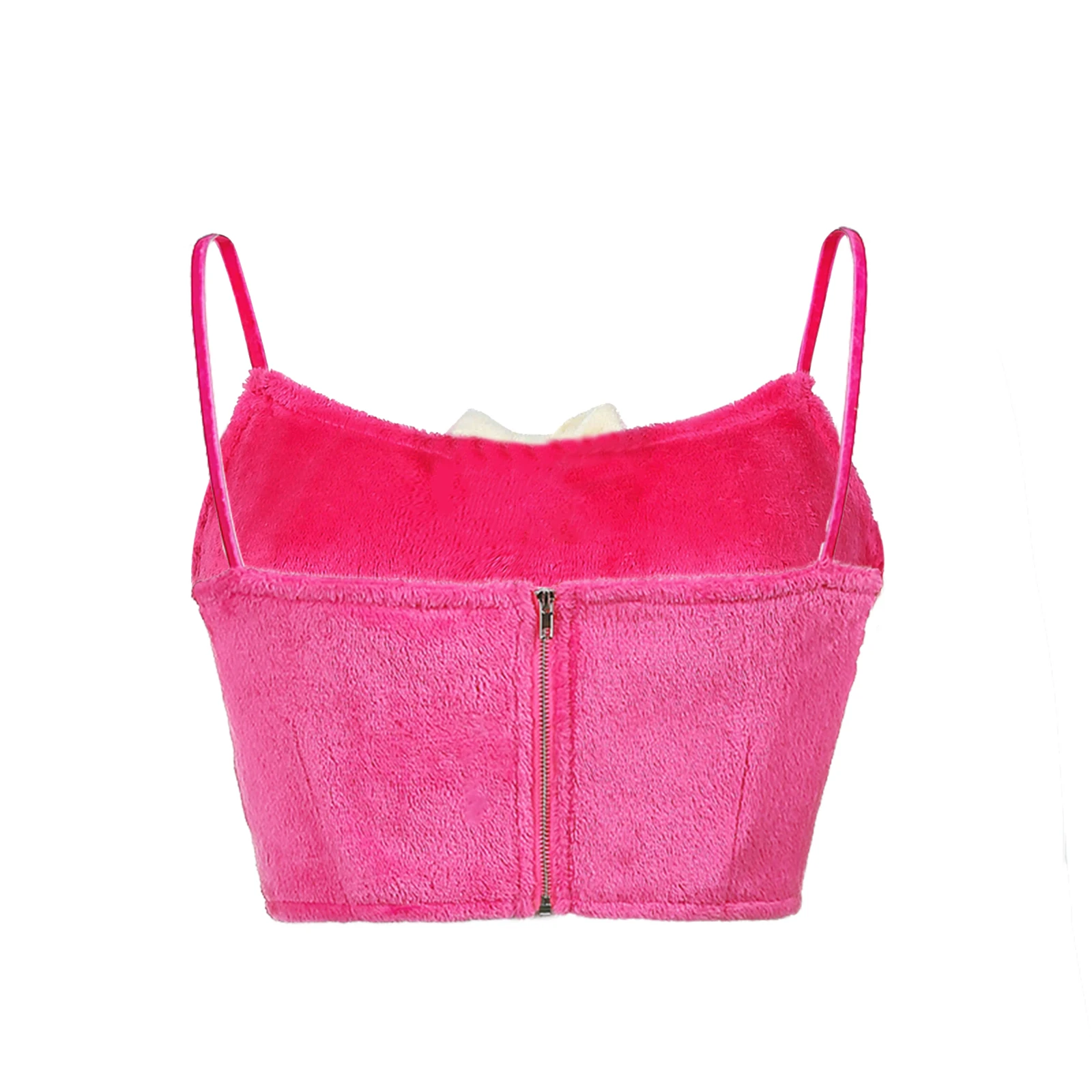 

Summer Women Solid Color Sling Fluffy Crop Tanks Tops Sexy U Neck Sleeveless Spaghetti Straps Vest with Bow