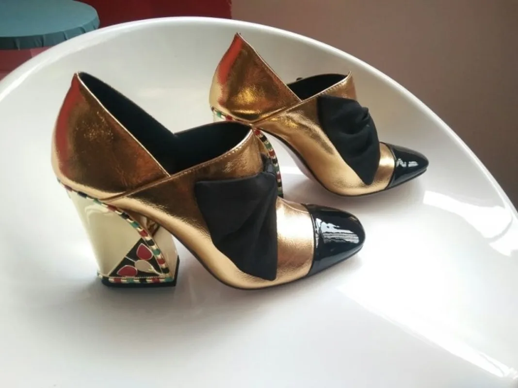 

US4-11 Womens Pointed Toe Bowknot Genuine Leather Chunky High Heel Wingtip Match Colors Gold Sliver Pumps Shoes Plus Size M89