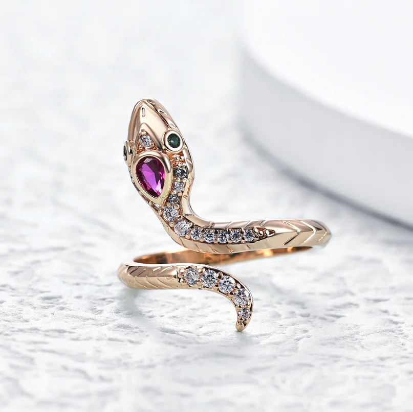 

ANGLANG New Punk Coiled Snake Adjustable Rings for Women Red Cubic Zirconia Dance Party Finger Ring Special Girl Gifts