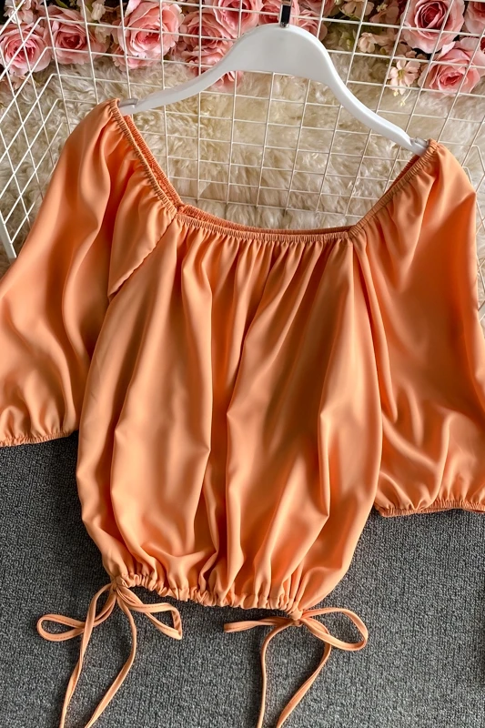 

Elegant Retro Drawstring Lantern Sleeve Square Collar tops blouse Clavicle Folded Waist Short Shirt 2021 Summer Fashion Slim Top