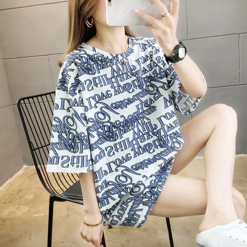 

Extra fat plus short sleeve T-shirt women's summer wear new fat mm loose belly covering half sleeve top