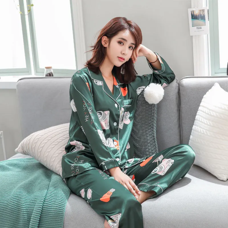 

Couple Autumn Summer Pajama Set cute Print Pajamas Sets Silk Satin Pijama Sleepwear Pyjamas Nightwear homewear