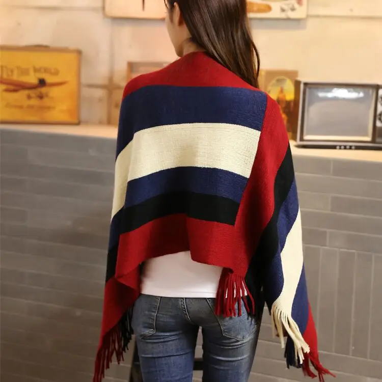 Striped Sleeveless Fringed Knitted Sweater Poncho Women Color Matching Round Neck Pullover Bat Female Spring 2021 |