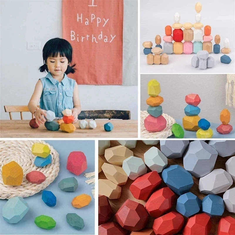 

Manual Puzzle Fun Baby Toys Wooden Jenga Building Blocks Colored Stones Creative Nordic Style Stacking Game Rainbow Stone