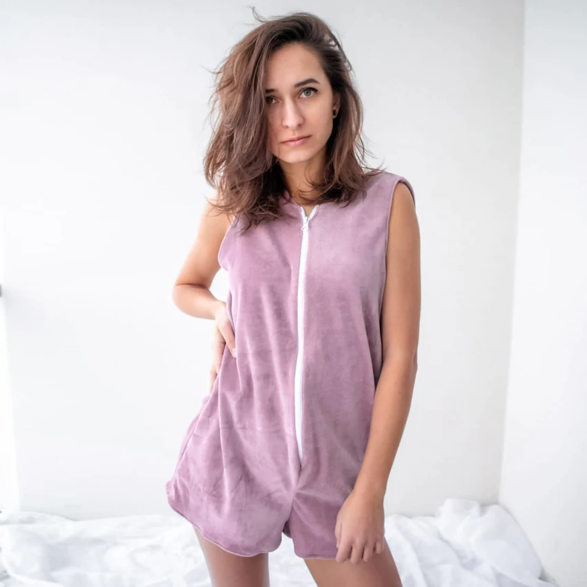 

Hiloc Zipper Sleepwear Pijama Onesie Knit Pajamas For Women Sexy Lingerie Nightie Sleeveless Onesies For Adults Velour Nightgown