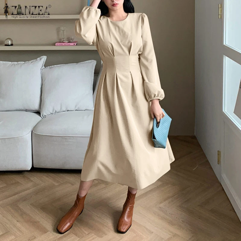 

2022 Fashion Pleated A Line Vestidos Women Midi Dress ZANZEA OL Elegant Solid Robe Female Holiday Casual Dresses Party Sundress