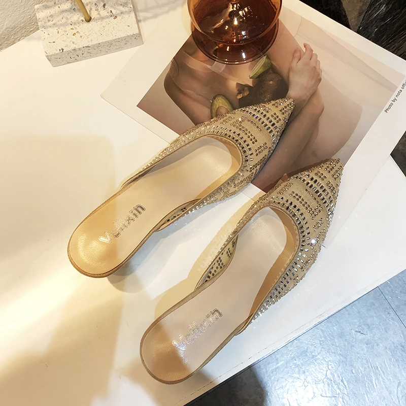 

Baotou thick heeled semi-slippers women wear water drill mesh yarn women's shoes high-heeled pointed gold temperament sandals