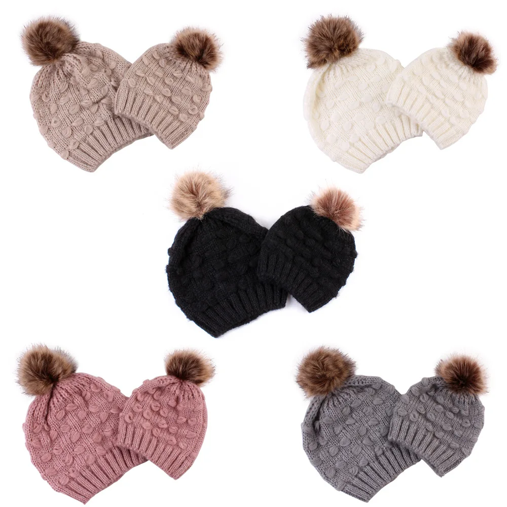 

1/2pcs Winter Parent-child Hats Mom Women Man Toddle Kids Baby Boy Girl Winter Knit Warm Soft Beanie Hat Hairball Cap