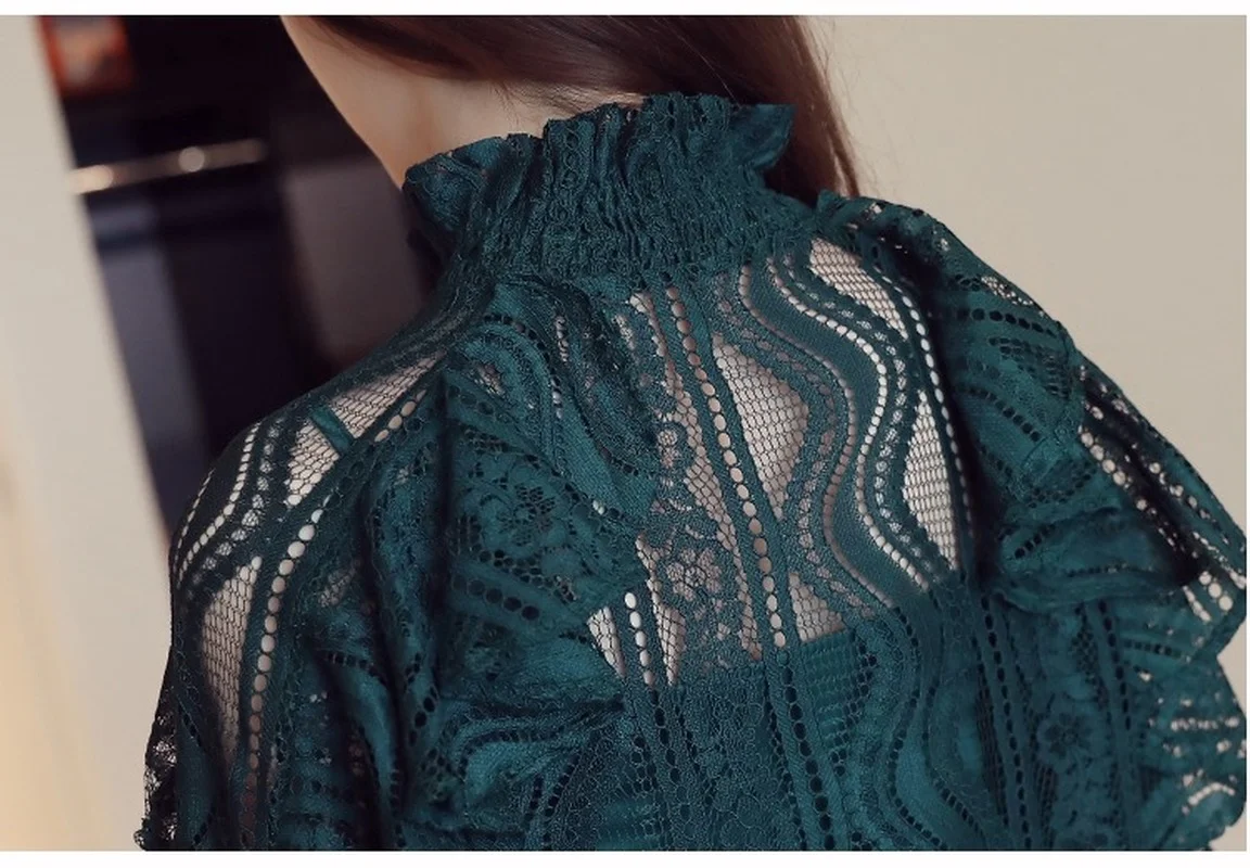 

Ruffle Lace Nine Quarter Sleeve Blouse Shirt 2021 Women Clothing Hollow Out Floral Women Blouse Female Tops Elegant Blusa D3