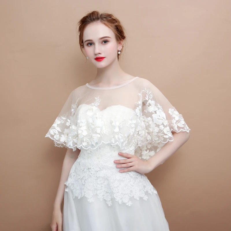Champagne Embroidered Flower Wrap Elegant Women Sheer Summer Cape Hi-Lo Appliqued Shawl Bridal Wedding Accessories Handmade