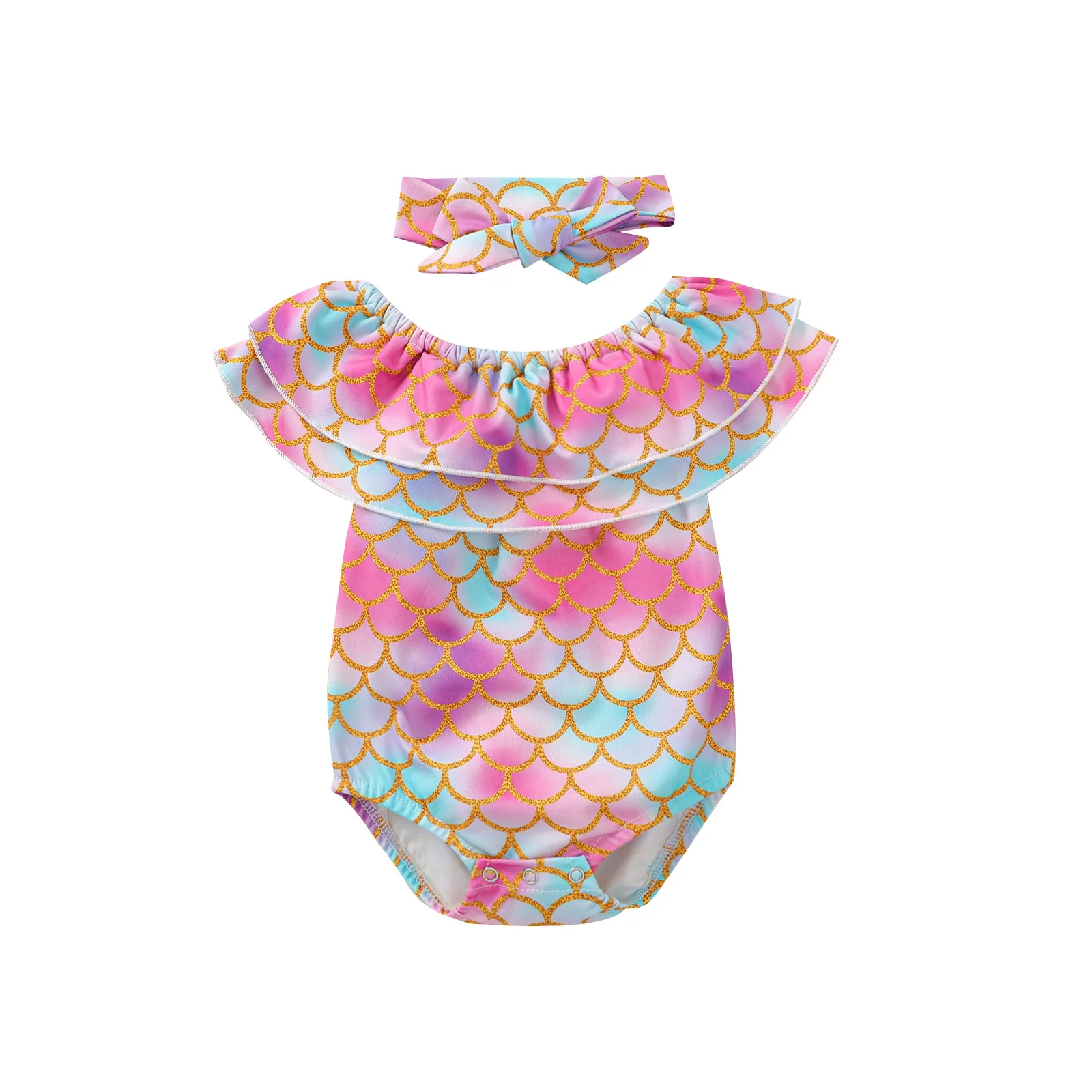 

2 Pcs Newborn Casual Outfits, Baby Girl Fish-Scale Pattern Short Sleeve Round Neck Ruffle Romper + Headband