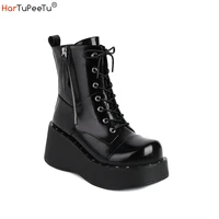 fall winter girls ankle boots patent leather cool motor style wedges women gothic black rivets decorate cross tied platform shoe