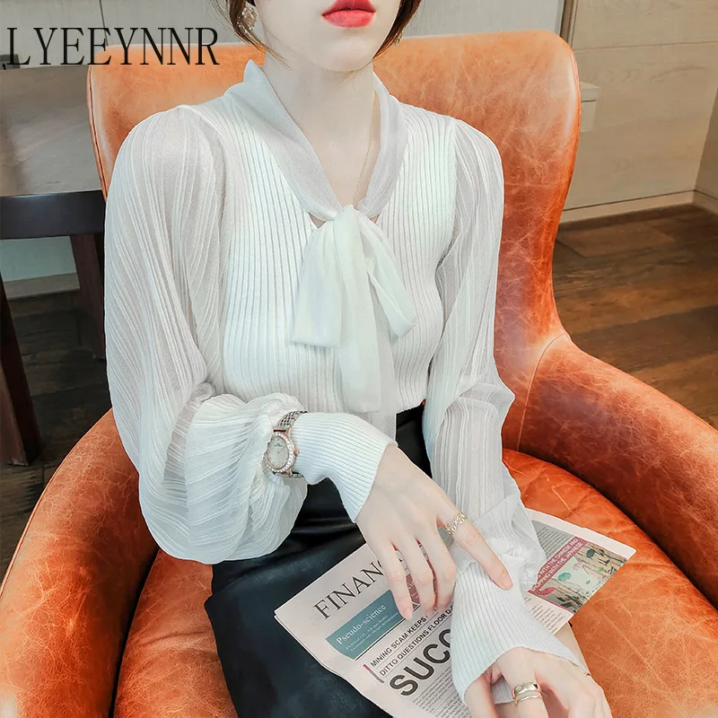 

Женская шифоновая блузка с рукавами-фонариками и воротником-стойкой