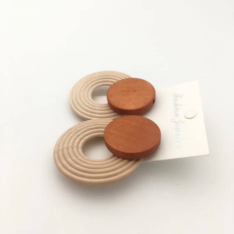 Богемные серьги кольца коричневые деревянные круглые подвесные висячие для