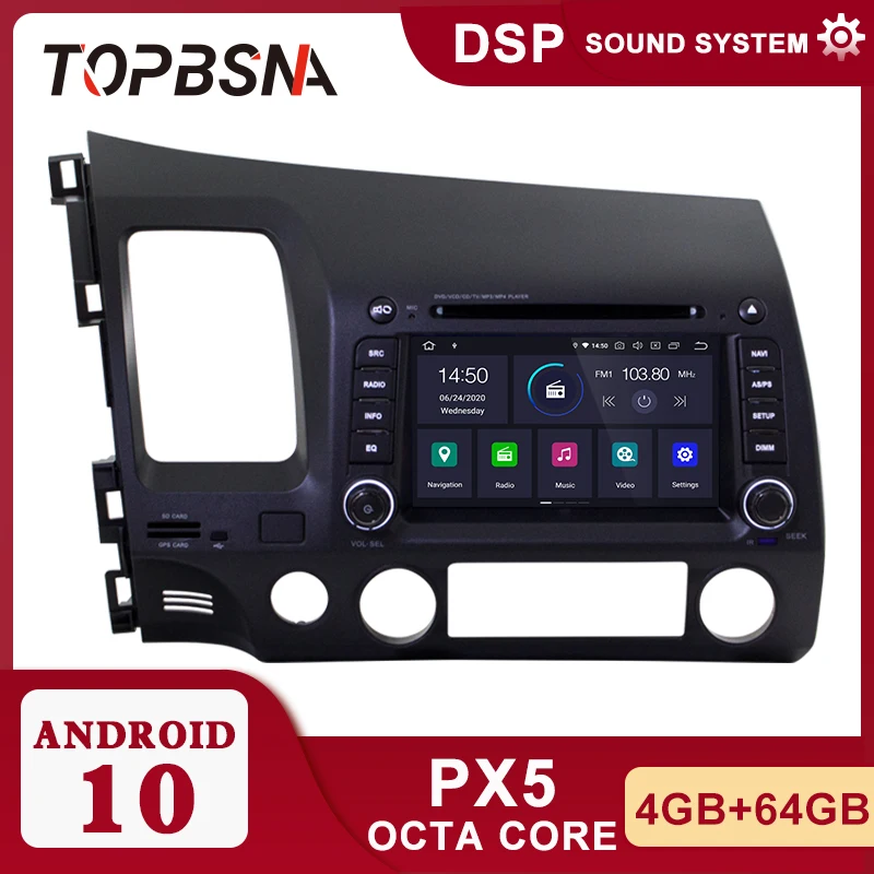 Автомобильный DVD плеер TOPBSNA Android 10 для HONDA CIVIC 2006 2011 Wi Fi мультимедиа GPS навигация 2 Din