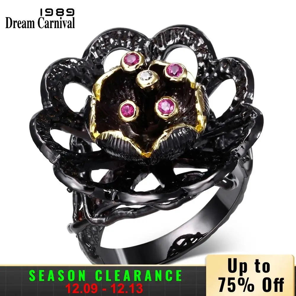 DreamCarnival 1989 Women Vintage Rings Unique Black Gold Color Lotus Flower Style Blinking Fuchsia CZ Bezel Wedding Anillos Moda