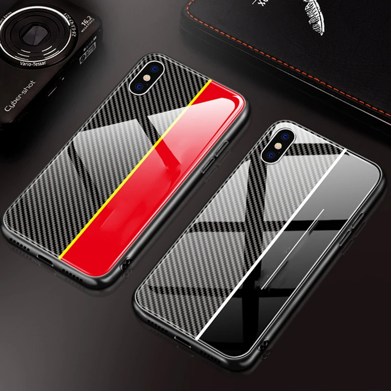 Чехол из закаленного стекла 9H для iPhone 11 7 8 12 x xr xsmax phone caso с узором углеродного
