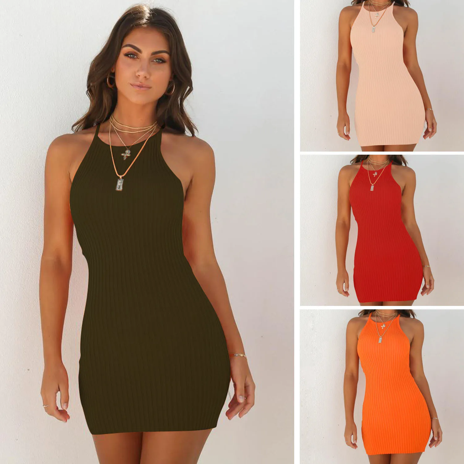 

Women Sleeveless Sexy Dress Solid Knitting Short Dress Bodycon Elegant Dress