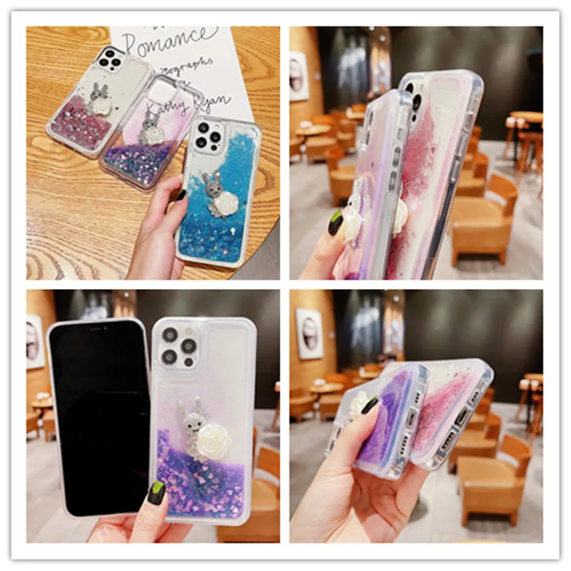 

Cute 3D Rabbit Quicksand Glitter Protective Shell Phone Case Anti-fall Cover For Samsung Galaxy A72 A324G A22 5G A12 A52 A51 A71