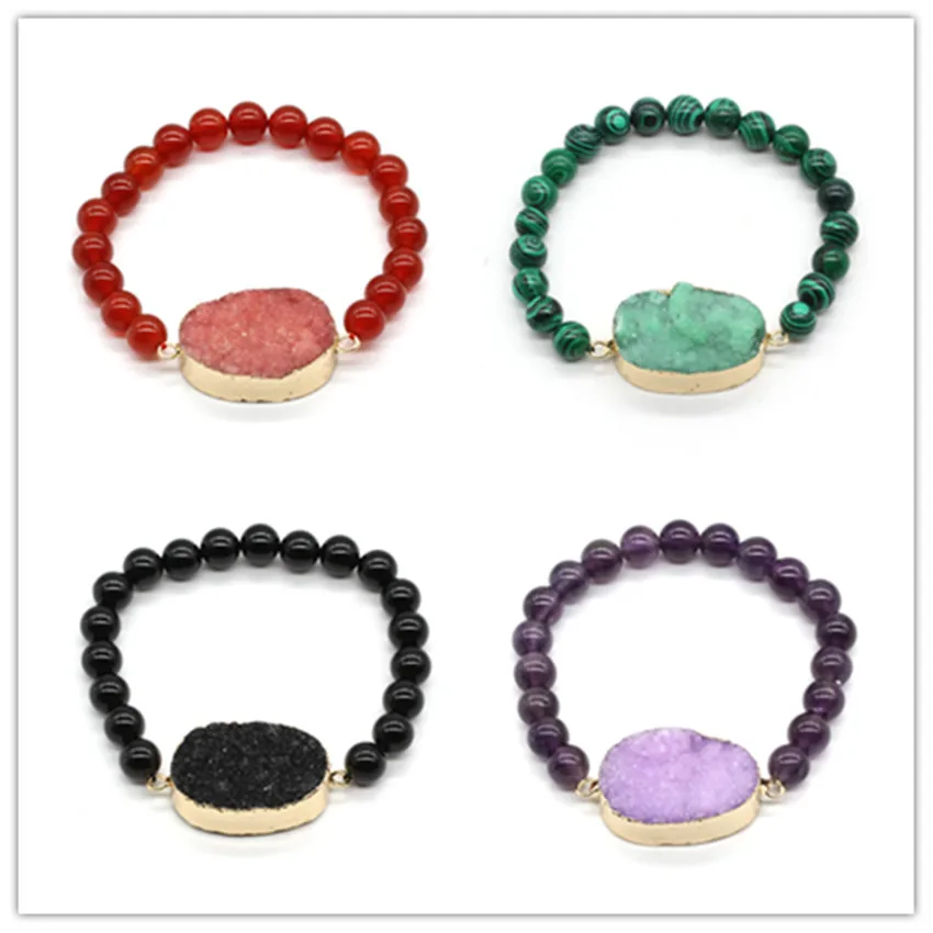 

100-Unique 1 Pcs Gold Color Malachite Stone Irregular Shape Oval Crystal Dyed Connect 8 mm Round Beads Red Agates Bracelet