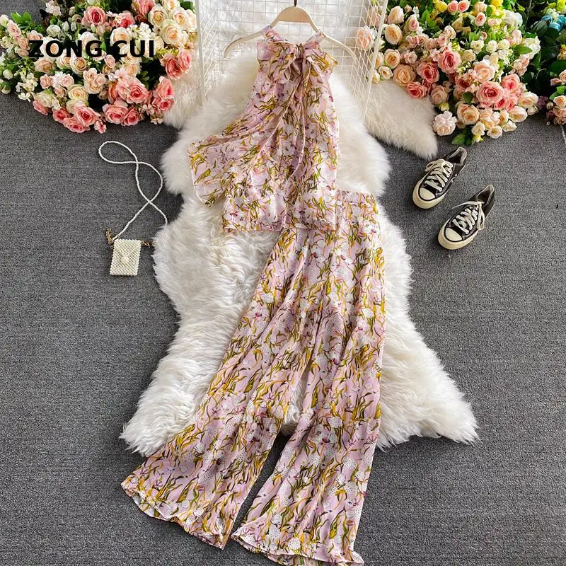 

Bohemian Vacation Beach Women Two Piece Set Elegant Halter Sleeveless Chiffon Tops And High Waist Wide Leg Pants Female New 2021