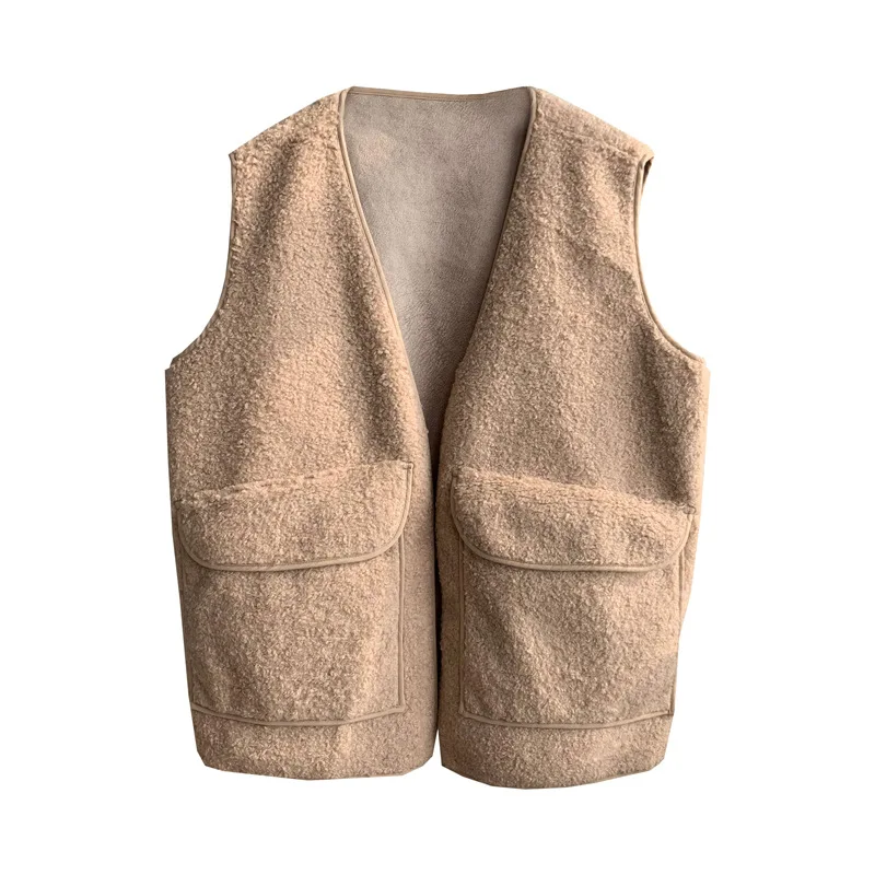 

ZCWXM New Style Autumn Winter Beige Vest Women Clothing Korean Short Lalambswool Ladies Camel Vest Loose Coat Plush Waistcoat
