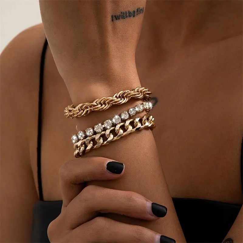 

3pcs Set Cuba Bracelets for Women Stainless Steel Twist Zircon Gold Plated Chain Bracelet