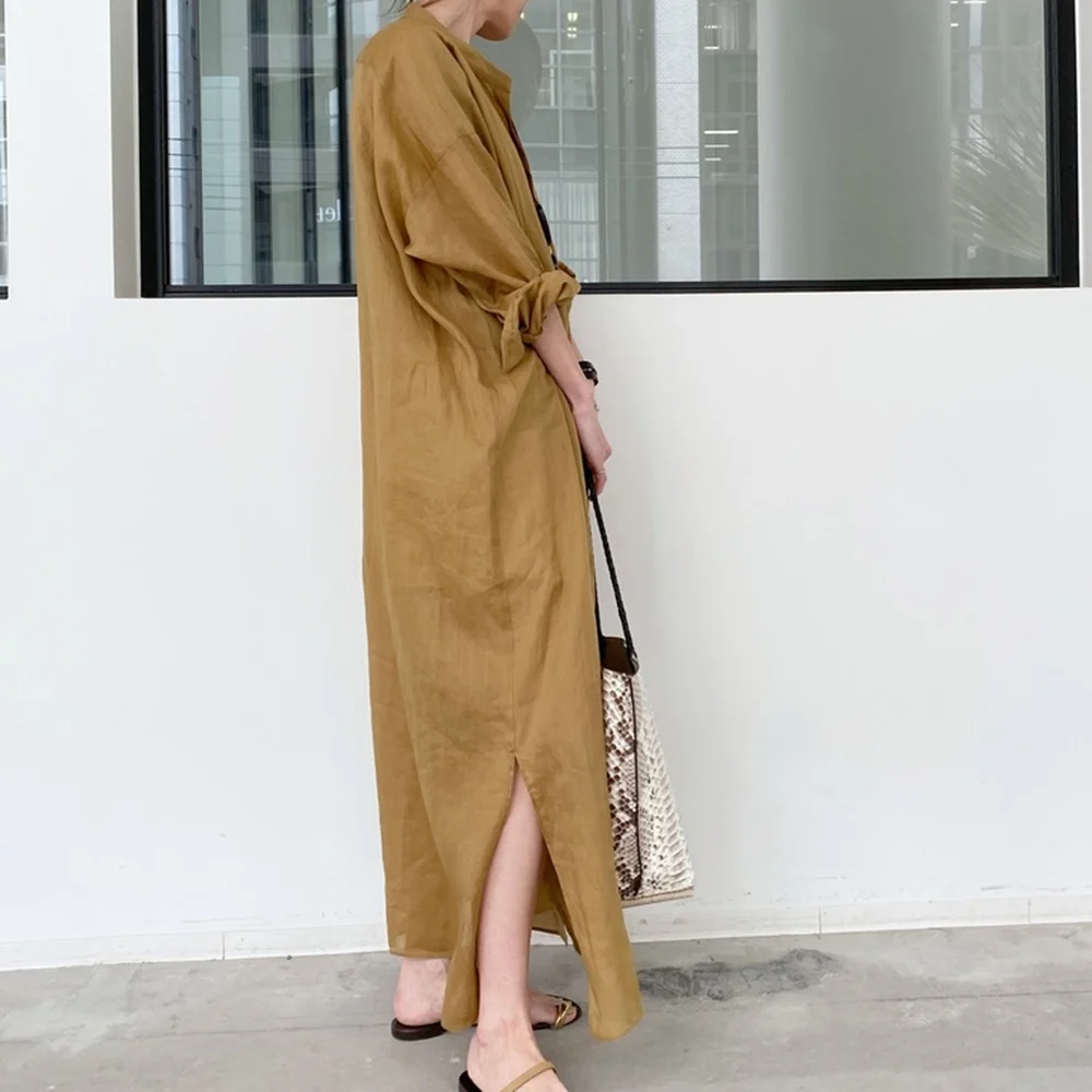 

Dress Slim Shirt Style 2021 New Solid Color Lapel Ginger Hem Split Long Sleeve Single-breasted Spring Summer Wear Japanese Women