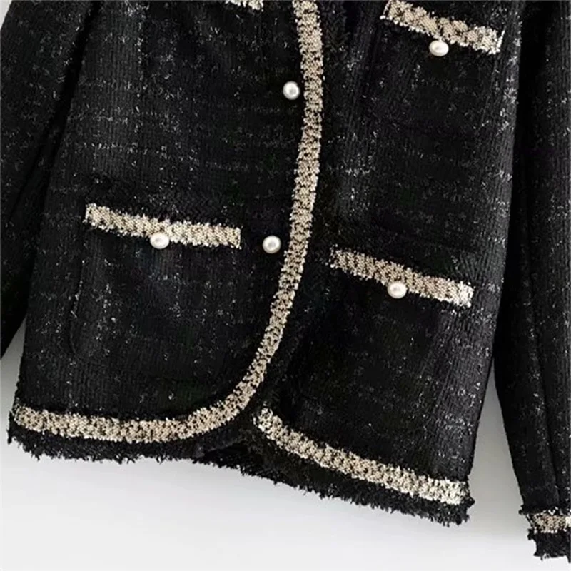 

ZXQJ Women 2020 Fashion Black Vintage V Neck Plaid Tweed Jackets Pearl Buttons Elegant Office Lady Female Outerwear Tops