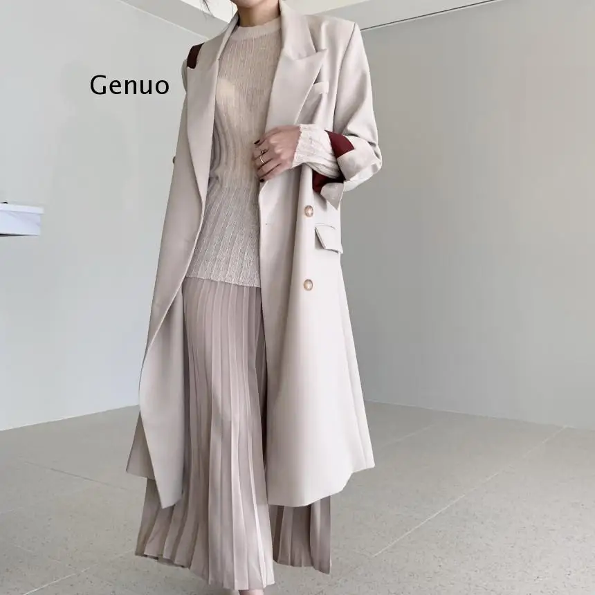 

Office Lady Double Breasted Women Long Blazer Notched Collar Spring Jackets Autumn Female Outerwear Elegant Coat
