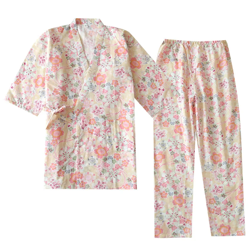 208 Cotton Pijama Women Homewear Flower Print Short Sleeve Kimono Pant Casual Sleepwear Shirts Summer Pajama Loose  Pajamas Set